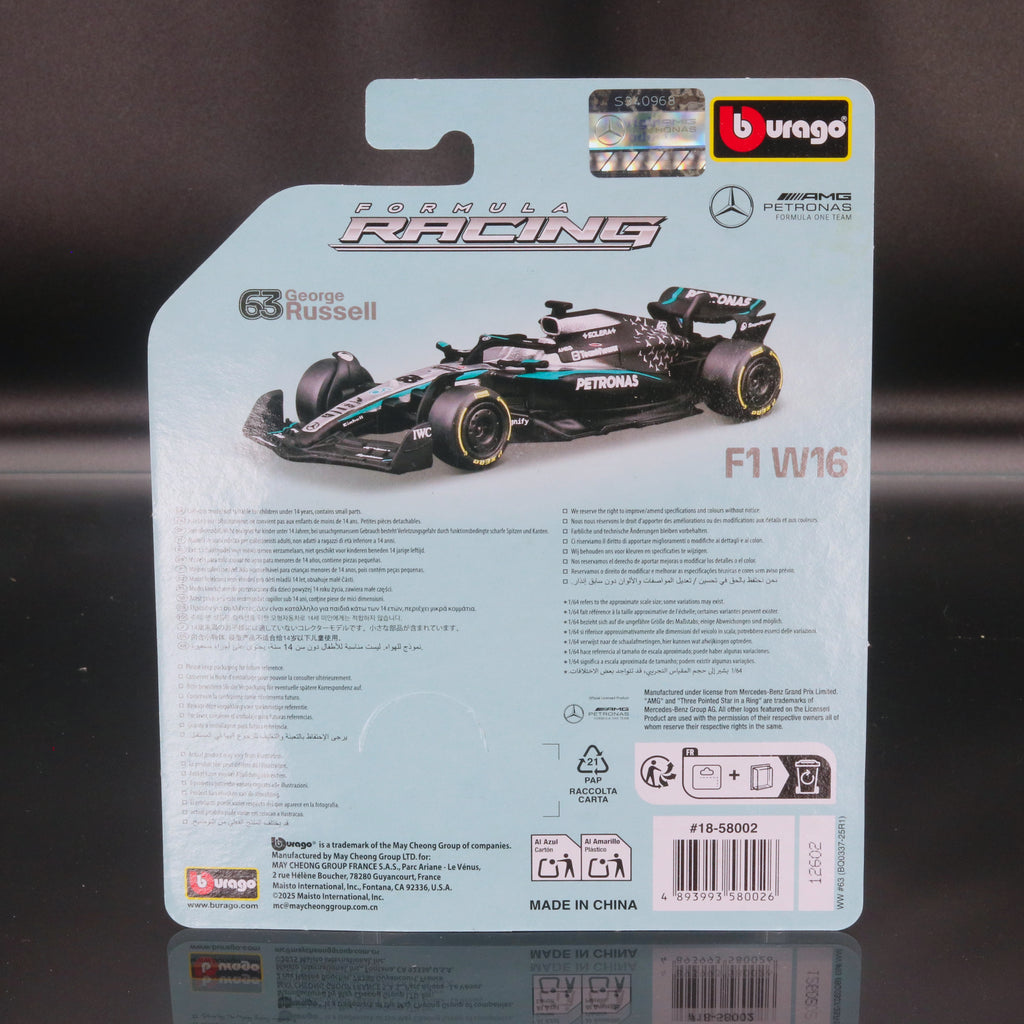 George Russell 2025 Mercedes AMG Petronas W16 #63 Formula 1 1:64 Bburago Formula Racing Diecast