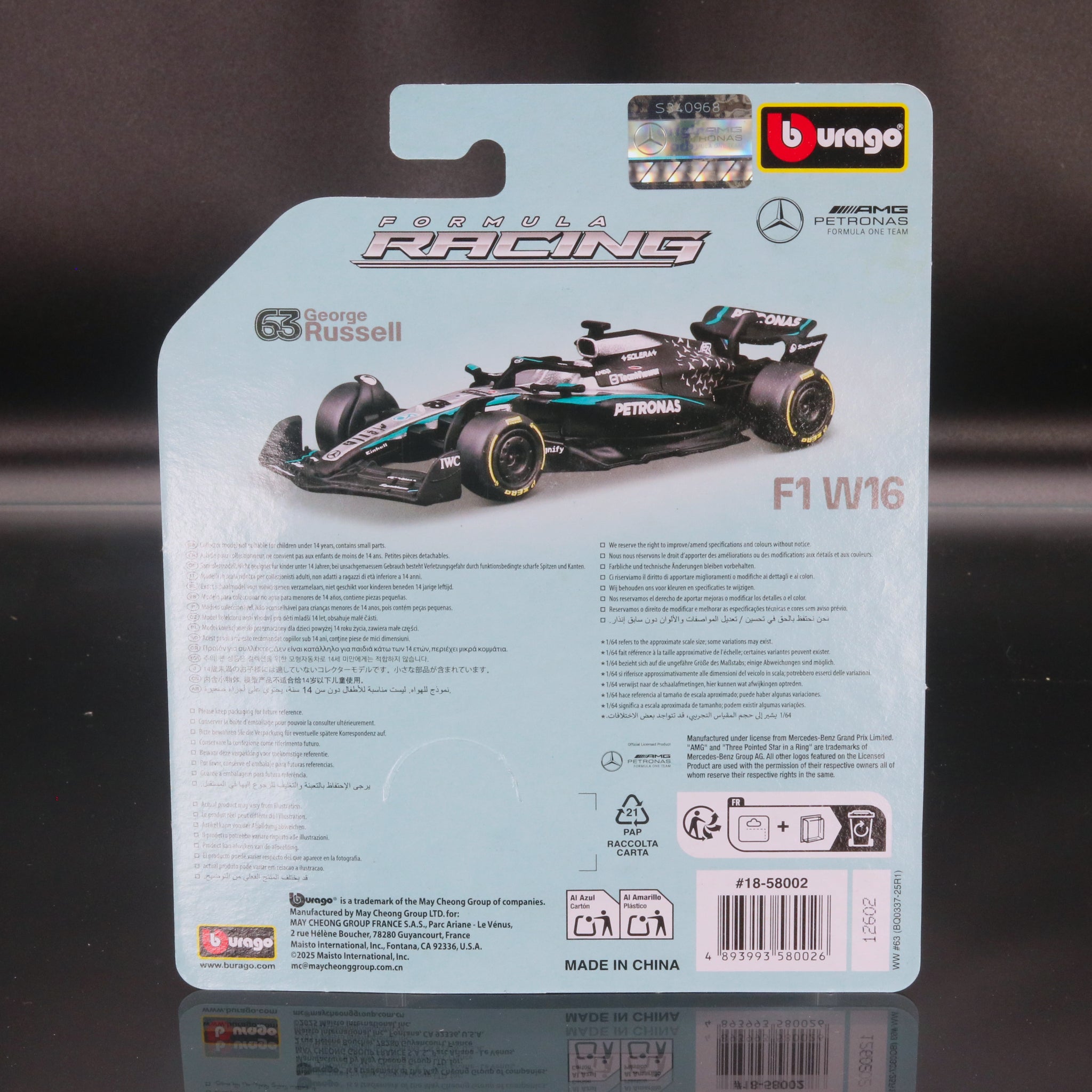 George Russell 2025 Mercedes AMG Petronas W16 #63 Formula 1 1:64 Bburago Formula Racing Diecast
