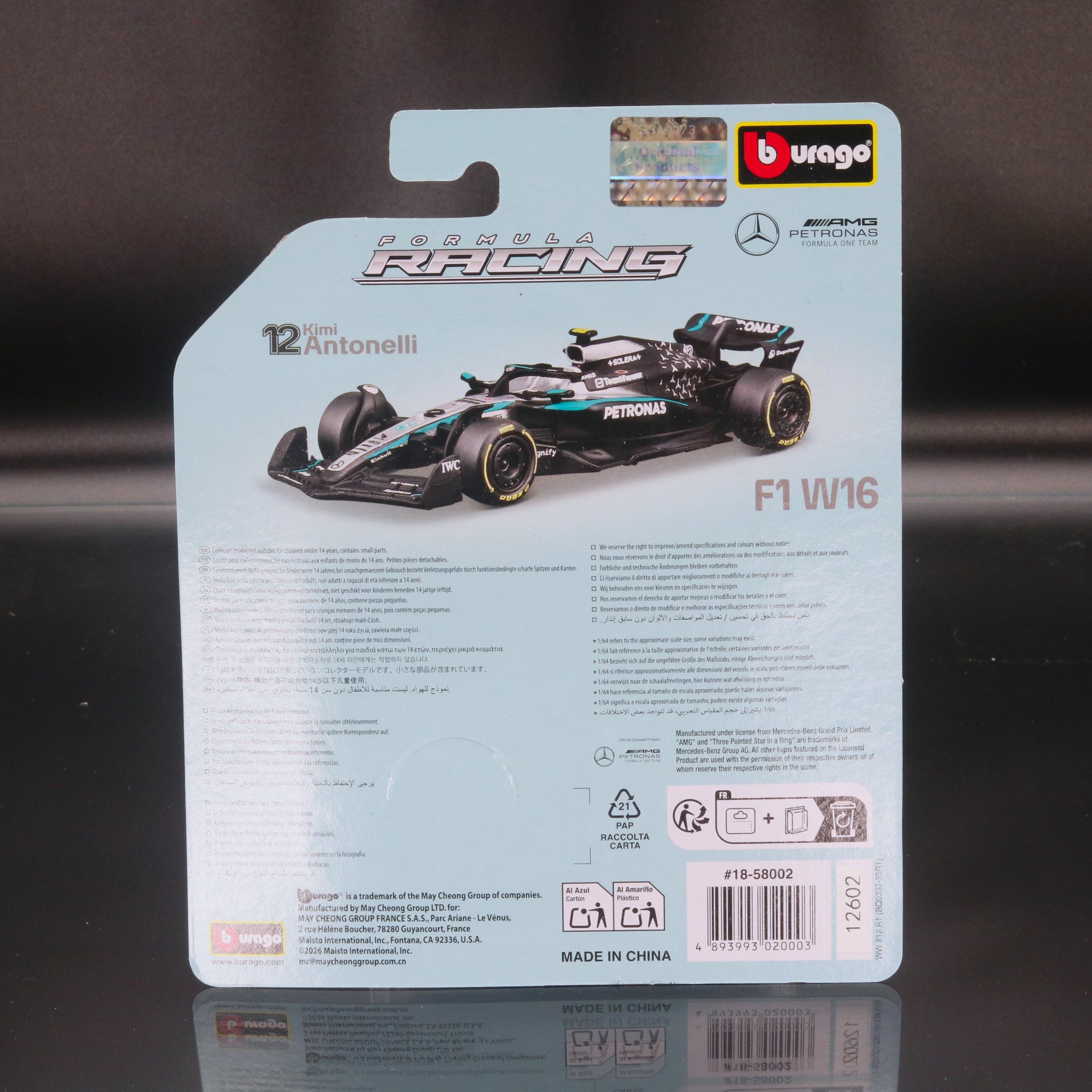 Kimi Antonelli 2025 Mercedes AMG Petronas W16 #12 Formula 1 1:64 Bburago Formula Racing Diecast