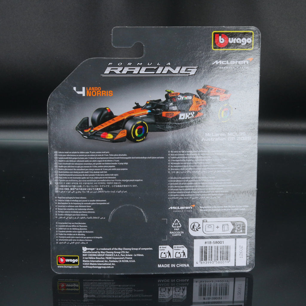 Lando Norris 2025 McLaren MCL39 #4 Formula 1 1:64 Bburago Formula Racing Diecast