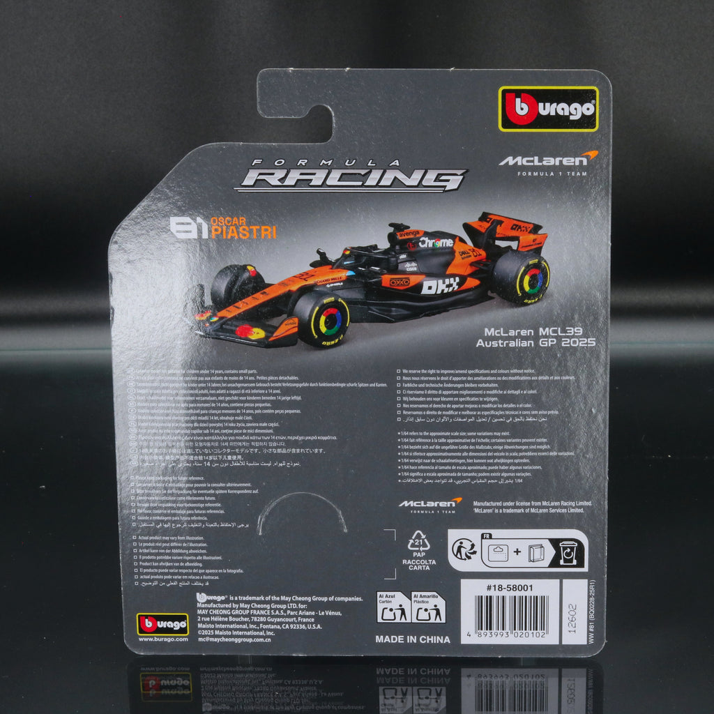 Oscar Piastri 2025 McLaren MCL39 #81 Formula 1 1:64 Bburago Formula Racing Diecast
